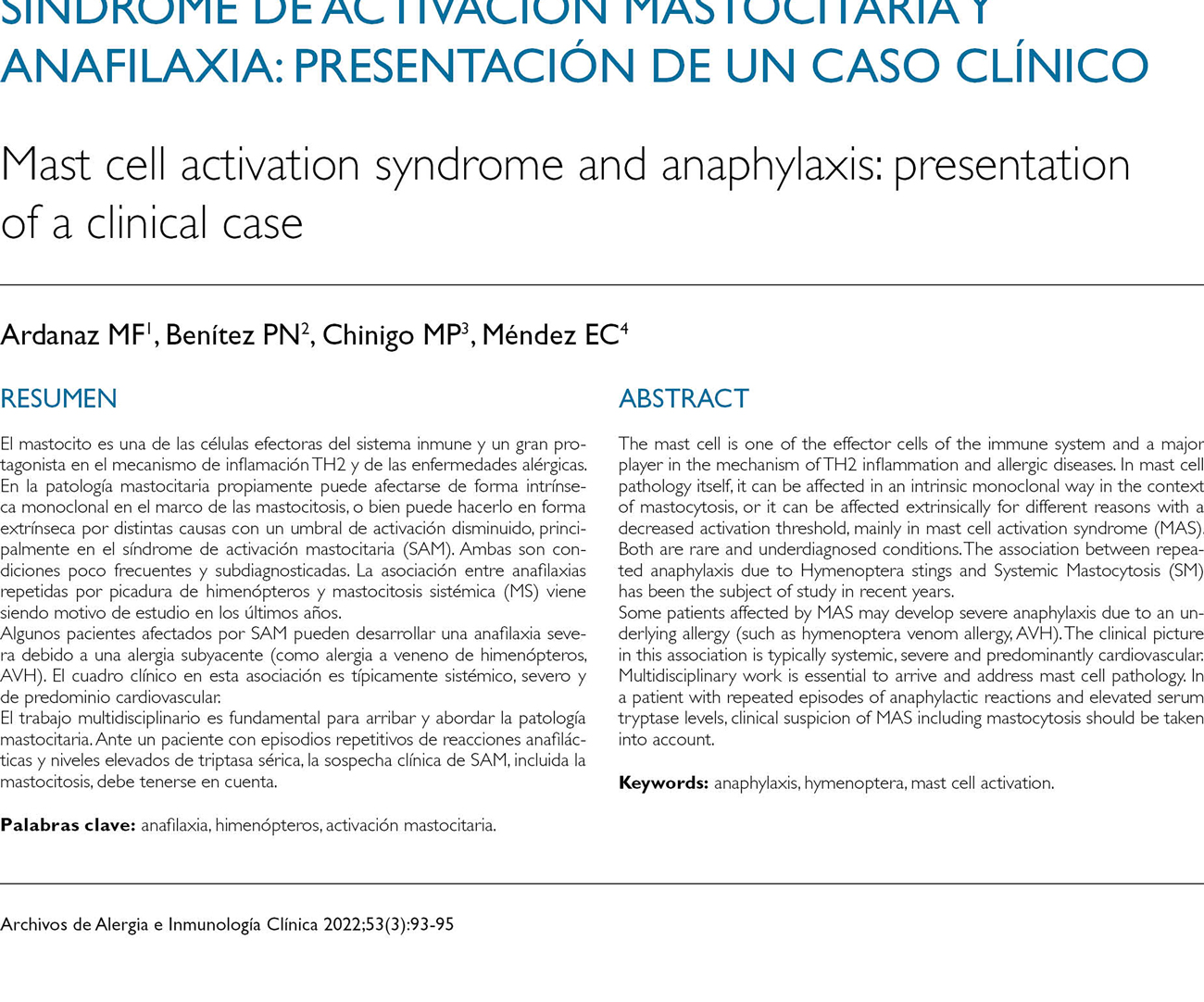Síndrome de activación mastocitaria y anafilaxia: presentación de un caso clínico